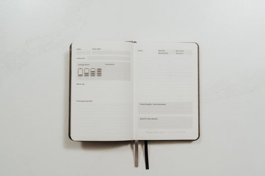 Open notebook with prompts on a white background