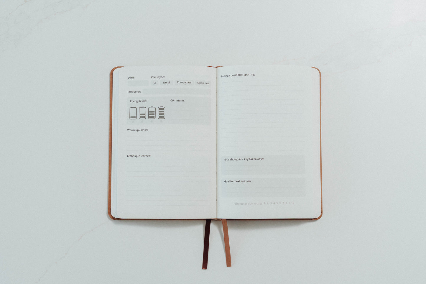 Open notebook with ivory pages and prompts to complete on a light grey background