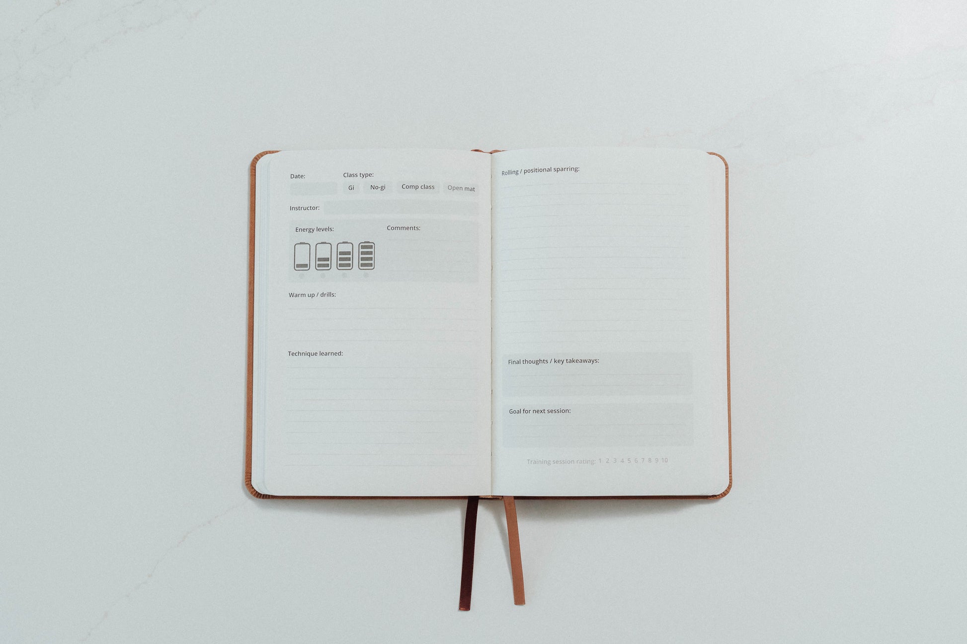 Open notebook with ivory pages and prompts to complete on a light grey background