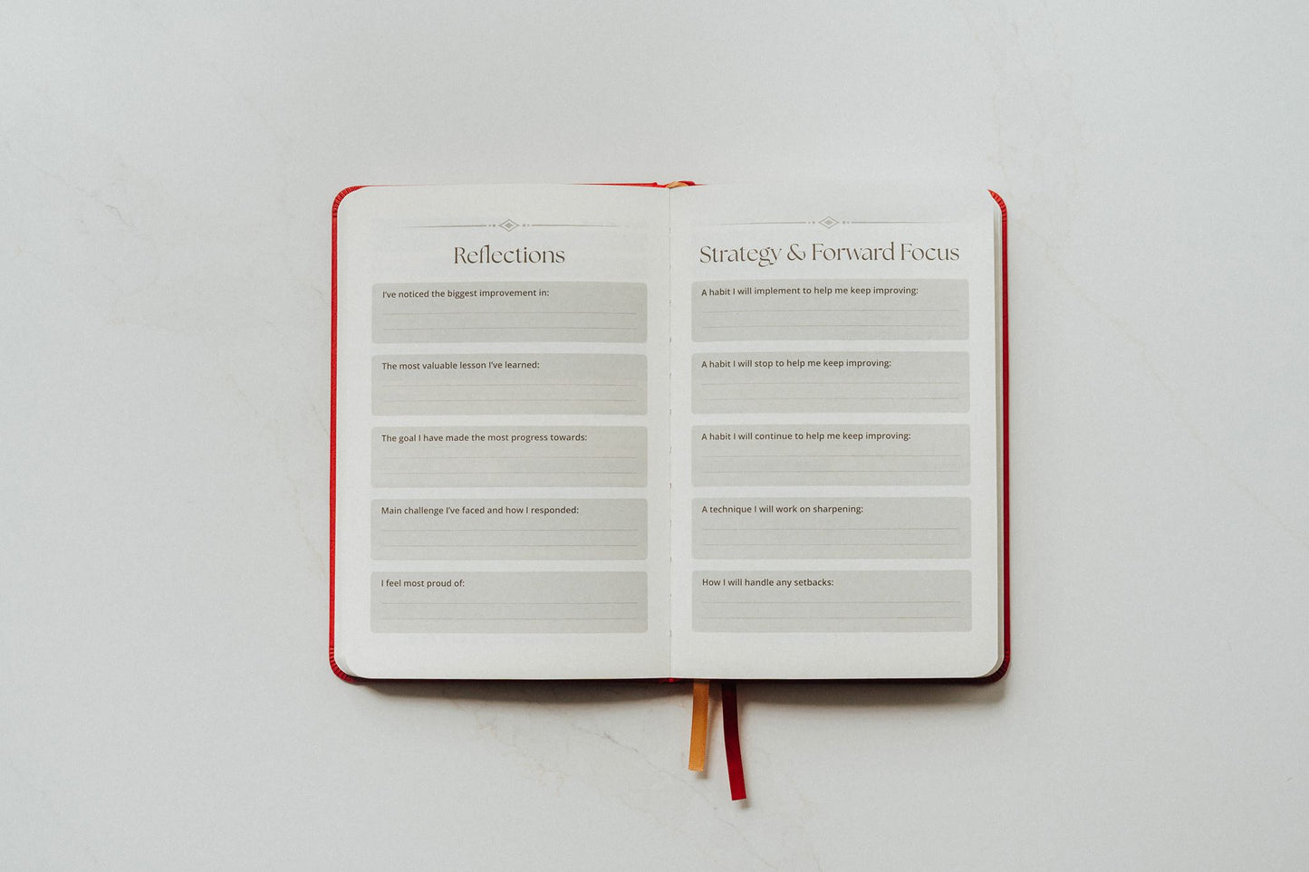 Open notebook with pages titled 'Reflections' and 'Strategy & Forward Focus' on a white background