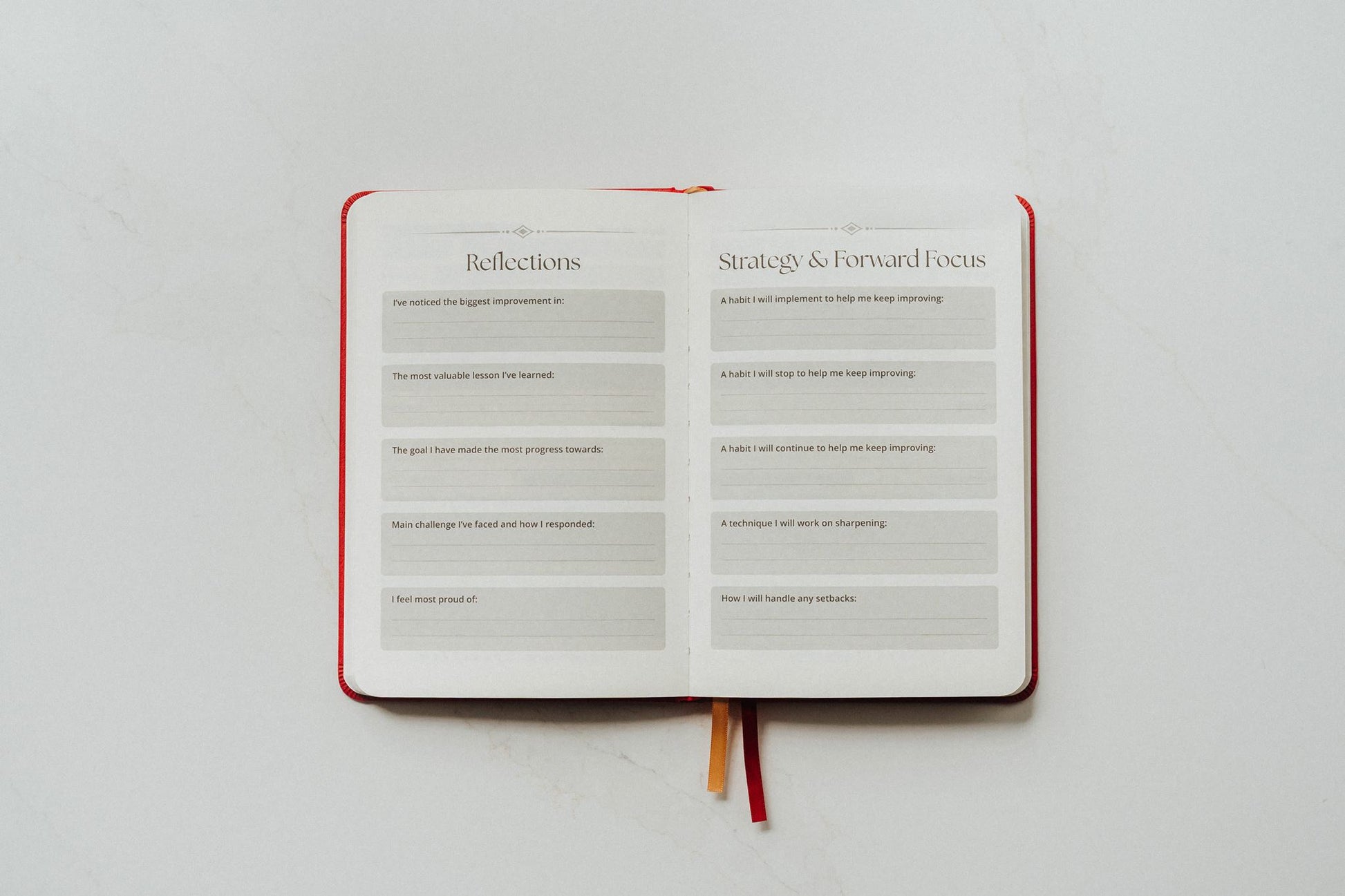 Open notebook with pages titled 'Reflections' and 'Strategy & Forward Focus' on a white background