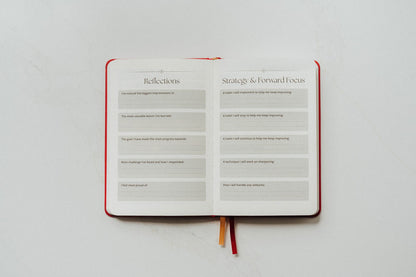 Open notebook with pages titled 'Reflections' and 'Strategy & Forward Focus' on a white background