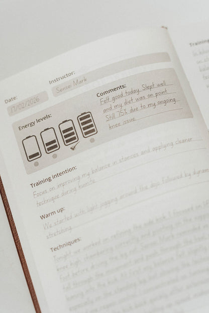 Close up of the left side of the training log showing energy levels, training intention, warm up and techniques