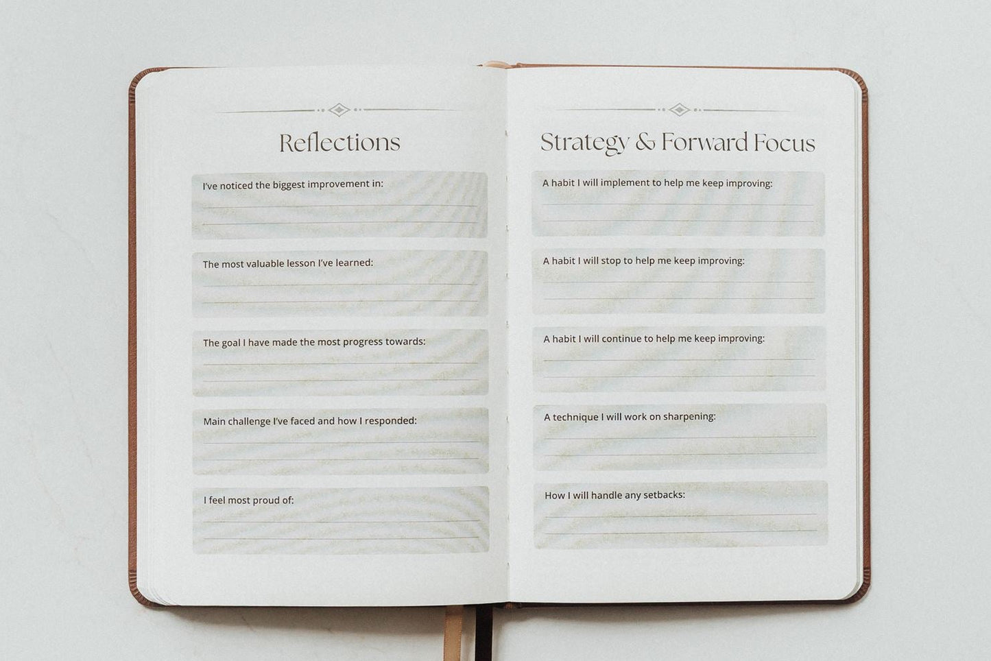 An open planner or notebook showing two interior pages with headings 'Reflections' and 'Strategy & Forward Focus,' photographed from above on a light neutral background.