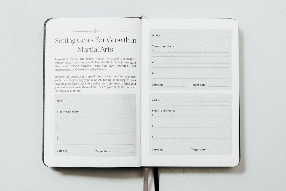 open planner showing the inside pages for setting goals in martial arts