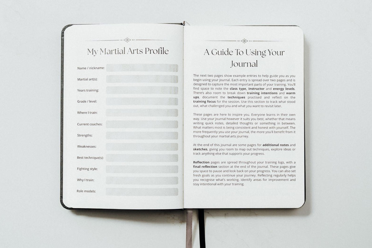 open journal showing the martial arts profile page and a guide to using your journal page