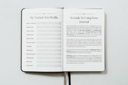open journal showing the martial arts profile page and a guide to using your journal page