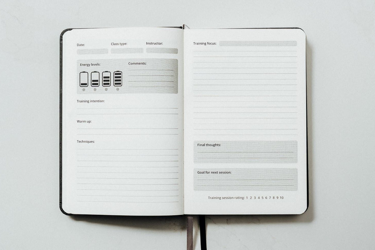 open training journal showing the main pages for the martial arts journal