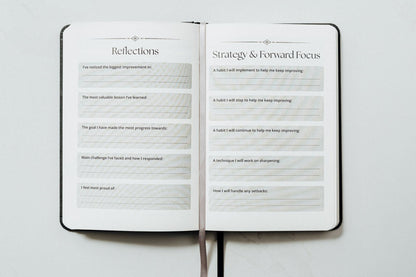 An open black hardcover journal or planner on a light gray surface, showing two white pages with printed headings 'Reflections' and 'Strategy & Forward Focus' and lined writing areas.