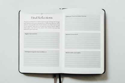 An open black hardcover journal displaying a 'Final Reflections' page with lined writing sections, set against a clean, light gray background.