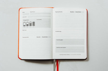 Main pages of the kickboxing journal, a structured training log to guide you through your kickboxing class with prompted guides