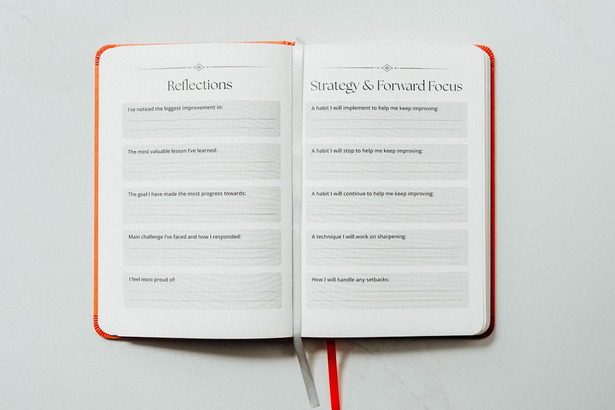 Reflection and strategy and forward focus pages inside the kickboxing journal. These are spread throughout the journal
